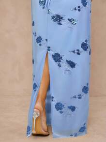 Lumalex 女式亮片刺绣高领腰修身直筒露背系带连衣裙，后开衩 - 藍色 - 查看 6