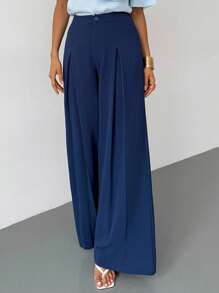 Firerie 女士新款简约优雅日常休闲百搭高腰褶皱设计宽松阔腿裤，适合夏季、办公室穿着、秋季女士、返校、女士办公室、办公室、机场、旅行机场、外出 - 藏蓝色 - 查看 4
