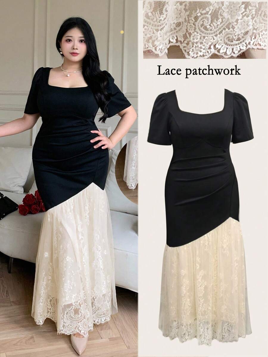 Modelyn Vestido elegante de talla grande con contrastes de color y patchwork de encaje - Negro - Ver 1