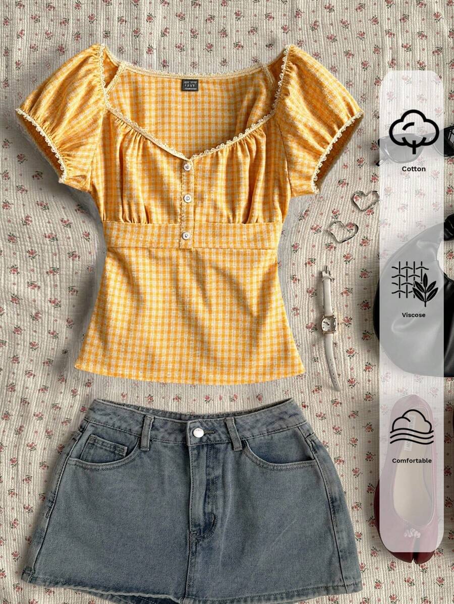 SHEIN EZwear Summer Casual Yellow & White Plaid Woven Ladies Blouse - Yellow - View 1