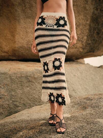 Swim Chiccia Conjunto de falda de vestido de playa con diseño calado en el bajo estilo cola de pez, casual y de moda para mujer