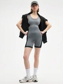 Eassivo Women's Black&Grey Block Round Neck Active Jumpsuit - Seamless Sports Bodysuit For Yoga And Activewear