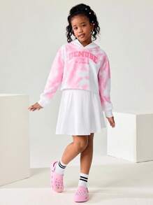 Tween Girl Pink And White Tie-Dye Graphic Print Oversized Sweatshirt,Autumn Casual School Back-To-School Loose Fit Pullover With Fun Letter & Pattern - Pink - View 3
