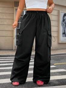 SHEIN EZwear Plus Size Solid Color Front Tie Minimalist Casual Pants