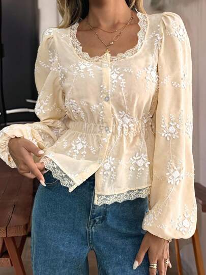 Vintage Embroidery Sheer Lantern Sleeve Blouse Women, Button Up Loose White Lace Shirt For Autumn Fall Cloth For Women