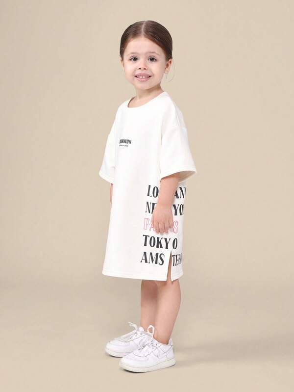 SUMWON SUMWON Design Studios Girls T Shirt Dress Global Cities Print Oversized Tee Side Split Casual Summer Spring