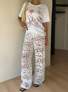 SHEIN EZwear Women's Elastic Waist Floral Lace Pants, Loose Casual Trouser
