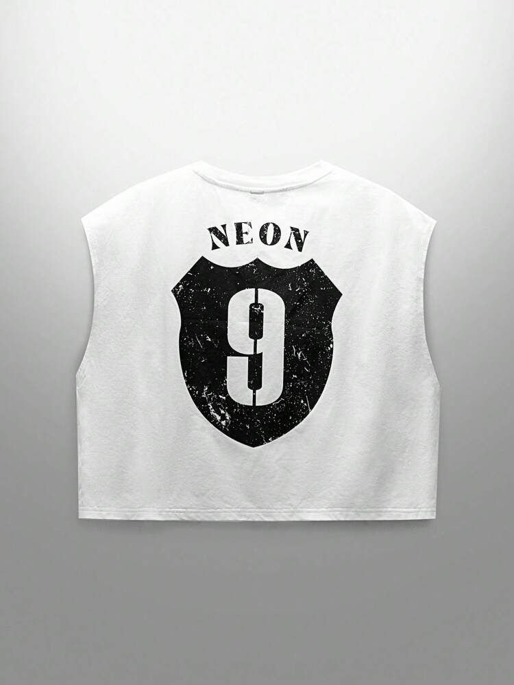 Plus Size Men's Casual Knit Round Neck Sleeveless Letter Print T-Shirt, Suitable For Summer