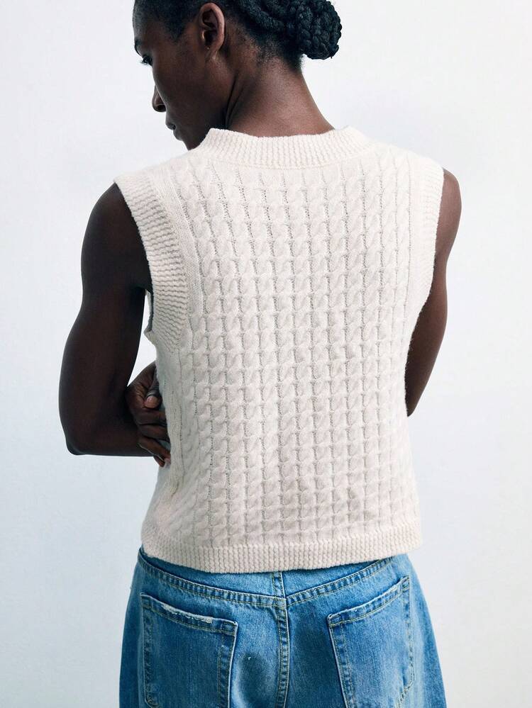 SHEIN Maija Apricot Metal Buckle Decor Twist Knit Sleeveless Versatile Business Casual All-Match Sweater Top For Women,Fall Women Clothes,Halloween