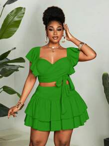 Maweii 2pcs/Set Women Plus Size Solid Color Twist Waist Cap Sleeve Blouse And Mini Skirt, Vacation Set - Green - View 2