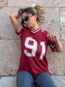 Jeta Ari Women's Numeric Print Short Sleeve Mesh Colorblock Loose Fit Sports T-Shirt, Spring/Summer Graphic Tees Women Tops - Red - View 4