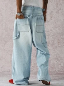 Manfinity ZONE917 Quần Jeans Xanh Chống Nhăn Phong Cách Đường Phố Thường Ngày Cho Nam, Dáng Rộng, Nhiều Túi, Chống Trơn Trượt, Bền, Đa Năng Cho Mọi Mùa - Rửa nhẹ - Xem 2