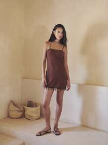 Nöista Earthy Brown Straight-Cut Summer Slip Dress With Thin Straps And Tassel Hem. Lightweight Breathable Fabric Fits Summer Dresses For Women, Summer Outfits For Women, Cute Summer Tops, Women's Summer Clothes, Plus Size Summer Clothes, And Perfect For Vacation Or European Summer Style. Ideal For Casual 4th Of July Outfit Women.