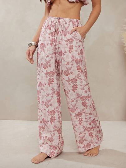L'Amorae Women's Floral Printed Drawstring Summer Pants Back To School Vacation Boho Wedding Guest
