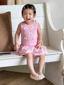 SHEIN 2pcs/Set Baby Girl Summer&Autumn Casual Style Bowknot Decoration Sleeveless Top&Shorts Baby Girl Summer Outfit Baby Girl Gingham Shorts - Pink - View 7