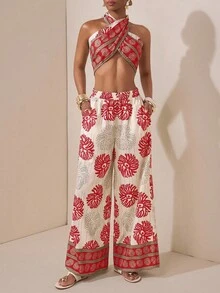 Zivah 2025 夏季新款音乐节复活节母亲节婚礼季女士两件套：无袖挂脖露背上衣 + 直筒裤，花卉印花设计，绿色，休闲，度假，邮轮，海滩，日光浴，优雅，工作休闲 - 紅色 - 查看 4