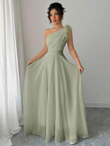 Modelyn 女士法式复古优雅褶饰浪漫单肩连衣裙 - 綠色 - 查看 5