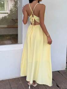 SHEIN EZwear 夏季度假深V领细肩带休闲女士黄色连衣裙