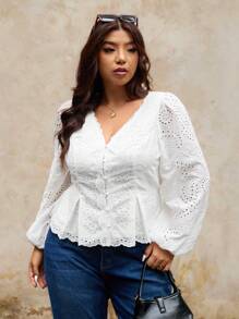 Elaquor Plus Size Women's Simple Romantic Solid Color V-Neck Ruffle Patchwork Blouse, Versatile Casual Shirt For All Seasons,Business Casual Woman - White - View 6