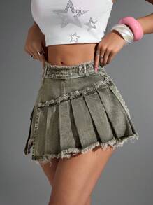 SHEIN ICON 女士夏季时尚不对称下摆牛仔迷你裙 - 軍綠色 - 查看 4