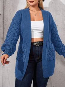 RueChic Große Größen Langärmlige Strickjacke mit offener Vorderseite und Doppeltaschen für Damen, Drop-Shoulder
