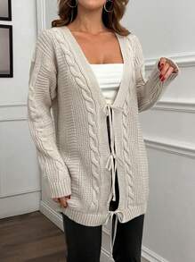 EURMUSE Beige Cable Knit Tie-Front Cardigan - Cozy & Comfy,Cardigans For Women,Long Cardigans Woman,Petite Cardigans,Cardigans - Beige - View 4