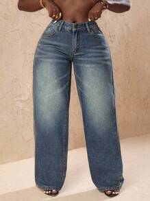 Slaydiva 大码复古褪色牛仔阔腿裤，带心形口袋，时尚百搭，适合夏季穿着 - 藍色 - 查看 5