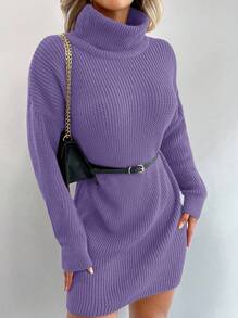 EURMUSE Solid Colored High Neck Drop Shoulder Sweater Dress Without Belt - Mauve Purple - View 5