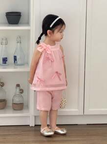 SHEIN 2pcs/Set Baby/Toddler Girls Bow Decor Sleeveless Top & Elastic Waistband Shorts Set, Comfortable & Cute For Casual & Outdoor Wear, Spring/Summer/Autumn Clothes For Baby Girls Baby Clothes For Girls Baby Girl High Quality Clothing Clothes For Baby Girl Baby Clothes For Girls Baby Girls Sets - Dusty Pink - View 3