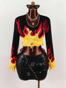 Amplova Fall Clothes Women Fire Pattern Distressed Crop Sweater,Long Sleeve Tops - Black - View 3