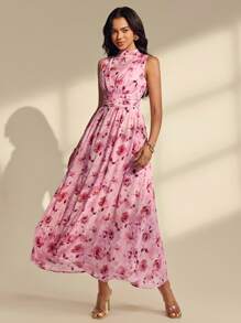 Almamuse Women's Tie-Dye Floral Print Dress With Flared Hem And Sleeveless High Collar - Coral Pink - View 5