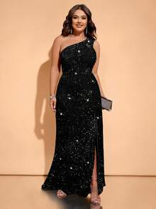 Cravure Plus Size Shiny Fabric One Shoulder High Slit Dress For Holiday Party Clothes Maxi Sequin Women Outfit Prom - Black - View 1