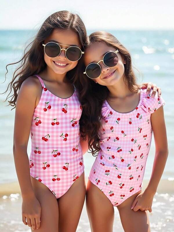 SHEIN Cherry Pattern One-Piece Swimsuit For Young S For Girls Girls Cherry Swimsuits  Cherry Swimsuit Kids Matching Swimsuits For Girls Twin Girl Swimsuits Girls Cherry Print Swimsuit Summer Swimsuits For Twins
