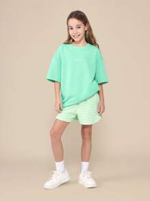 SUMWON Casual Brooklyn Summer Co-Ord Oversized T-Shirt Runner Short Set Youth Teen Fashion Sports Number Relaxed Streetwear Soft Vacation Outfit - Green - View 2