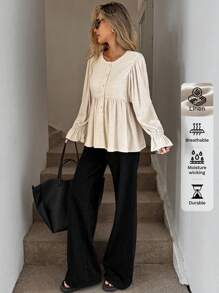 Easowa 女士亚麻休闲宽松衬衫，纽扣半襟，荷叶边下摆，复古风格冬季老式风格办公室外出上衣，休闲秋季商务休闲老式风格女士机场商务休闲灯笼袖端庄娃娃衫 - 杏色 - 查看 4