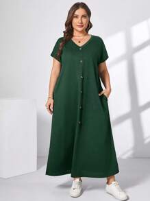 SHEIN Essnce 大码女装春夏时尚休闲宽松舒适日常短袖黑色V领口袋长裙，女装夏季服装，女装教堂服装，老钱风格女装，女装教师服装，女装机场服装 - 墨綠色 - 查看 8