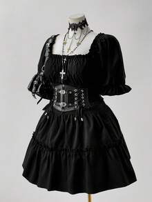 Sunspun Plus Size Square Neck Lantern Sleeve Solid Color Waist Tie Casual Young Lady Dress, Dark Style  Gothic Dress Halloween - Black - View 5