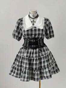 Sweetra Vestido mini de manga abullonada con cuello Peter Pan y corte evasé a cuadros en blanco y negro, ideal para el verano - Blanco y Negro - Ver 5