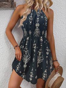 SHEIN PETITE Women's Floral Print Waist Tie A-Line Casual Vacation Sleeveless Dress - Multicolor - View 1