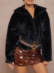 Lumalex Veste en fausse fourrure à col exagéré, épaules tombantes, avec ceinture pour femmes. Taille cintrée, ourlet court. Veste de luxe pour les fêtes, les réceptions, les banquets, les sorties, les vacances, les festivals, les mariages. Idéale pour l'hiver et l'automne. - Noir - Voir 4