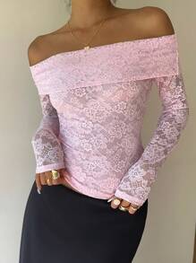 SHEIN EZwear 秋季女士约会之夜女士单件装露肩花卉蕾丝修身优雅T恤俱乐部女士性感 - 彩色 - 查看 6