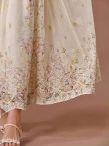 Enchnt 夏/秋浪漫女士杏色花卉印花刺绣单排扣无袖长裙 - 彩色 - 查看 2