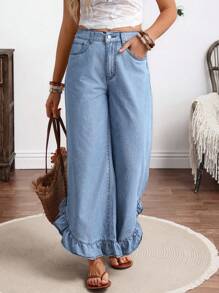 EMERY ROSE Quần Jeans Nữ Mùa Hè Rộng Rãi Màu Xanh Có Viền Xếp Nếp - Rửa nhẹ - Xem 6