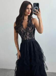 SHEIN Privé 女士优雅新款高端蕾丝下摆 - 黑色 - 查看 2