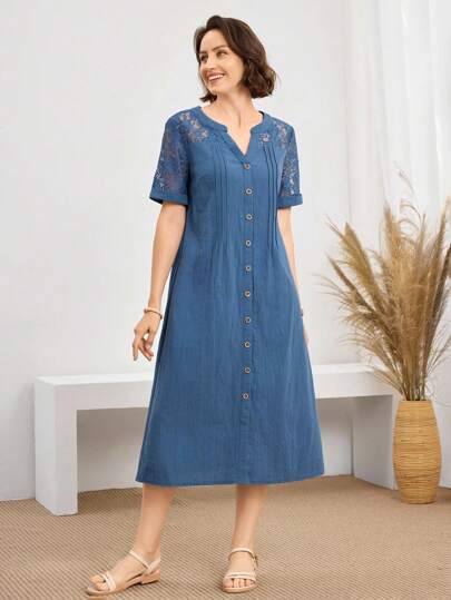 Miaspire Vestido de mujer para uso diario y vacaciones, primavera y verano, cuello en V, patchwork de encaje, vestido casual diario, cómodo y transpirable, tela de algodón, vestido de longitud media para mujer, atuendos campestres para mujer, vestido glamuroso , ropa de mujer para uso diario y vacaciones, primavera y verano, cuello en V, patchwork de encaje, vestido casual diario, cómodo y transpirable, tela de algodón, vestido de longitud media para mujer, ropa vintage para mujer, estilo old money para mujer, vestido abotonado, vestido de encaje, vestido de algodón, vestido de algodón, romance de encaje