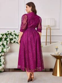 Modelyn Fashionable V-Neck Puff Sleeve Cinched Waist Flared Hem Dress, Slimming Fit, Spring/Summer - Red Violet - View 2