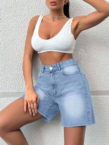 SHEIN Cottnline 100%Cotton Women's Frayed Straight-Leg Denim Shorts - Baby Blue - View 3