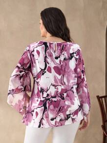 SHEIN Clasi 大码宽松休闲时尚印花女式衬衫，秋季简约复古韩版教师机场旅行复古女式复古教师秋季大码商务休闲女式曲线乡村音乐会波西米亚风衬衫 - 彩色 - 查看 2