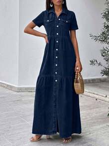 EURMUSE Women's Casual Street Style Vacation Ruffled Hem Button Down Denim Dress With Pockets - Dark Wash - View 5
