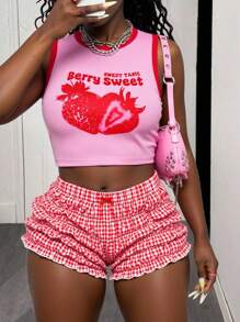Slaydiva 2025 夏季新款街头休闲修身短款粉色和红色草莓水果图案背心+红白格子褶皱短裤女两件套，适合日常外出、节日派对、音乐节、旅行、毕业装、朋友聚会、生日派对、海滩、机场装、度假、波西米亚风、返校-A - 紅白色 - 查看 4